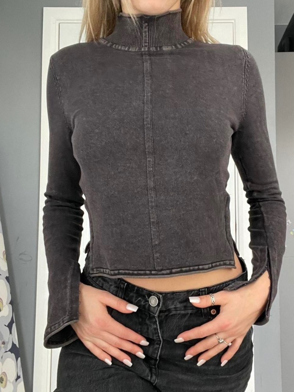 ZARA Ribbed mock Neck Long Sleeve shirt Hook & Eye Closure Gray Size Medium